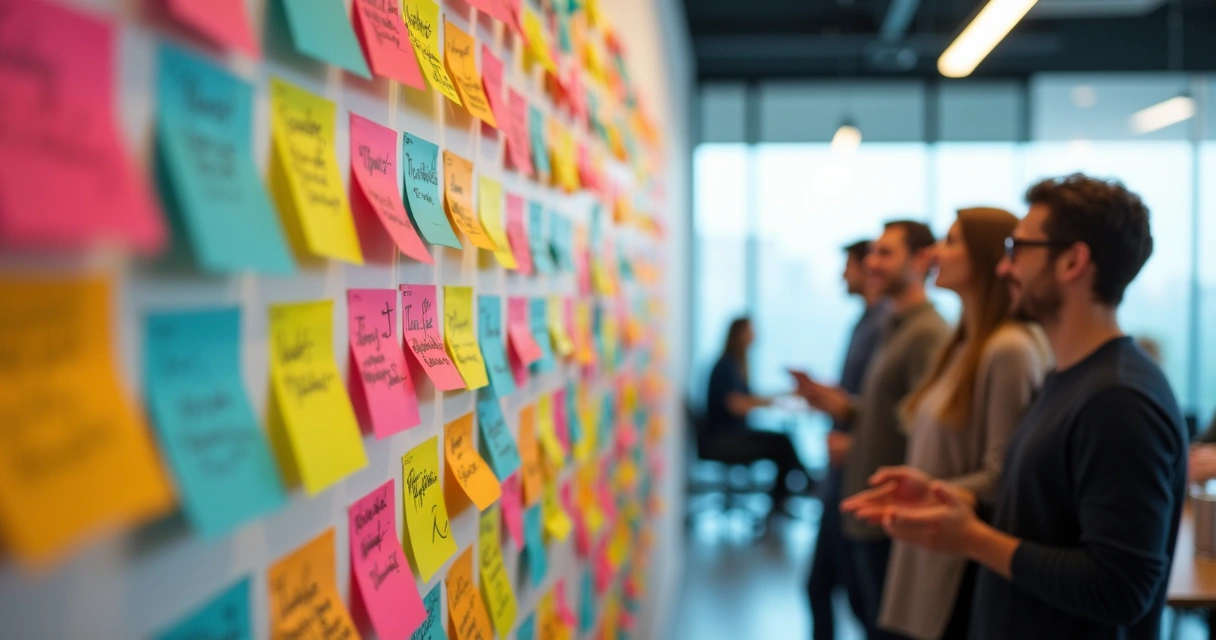 Mural colaborativo de post-its coloridos em sala de reuniões 