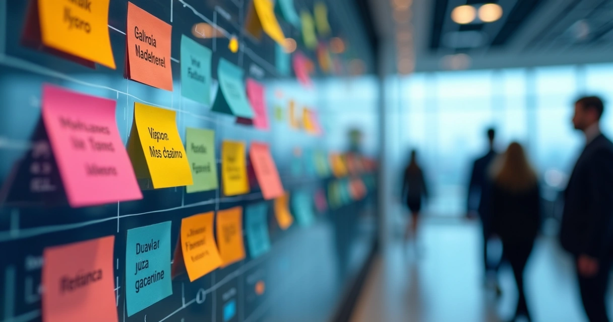 Mural digital com post-its simulando feedbacks em várias línguas e bandeiras de diferentes países 