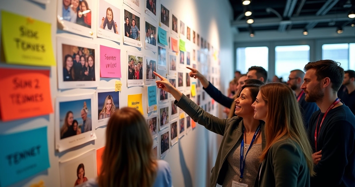 Mural de fotos e conquistas de equipe em evento 