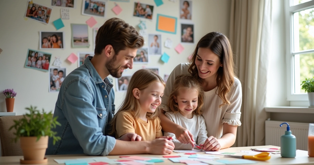 Família criando mural de fotos e lembranças na parede 