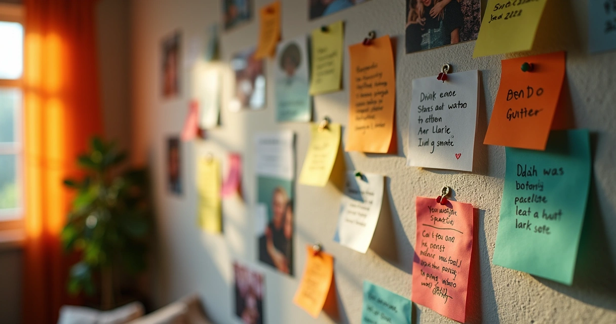 Mural de fotos e bilhetes com pequenas metas escritas à mão 