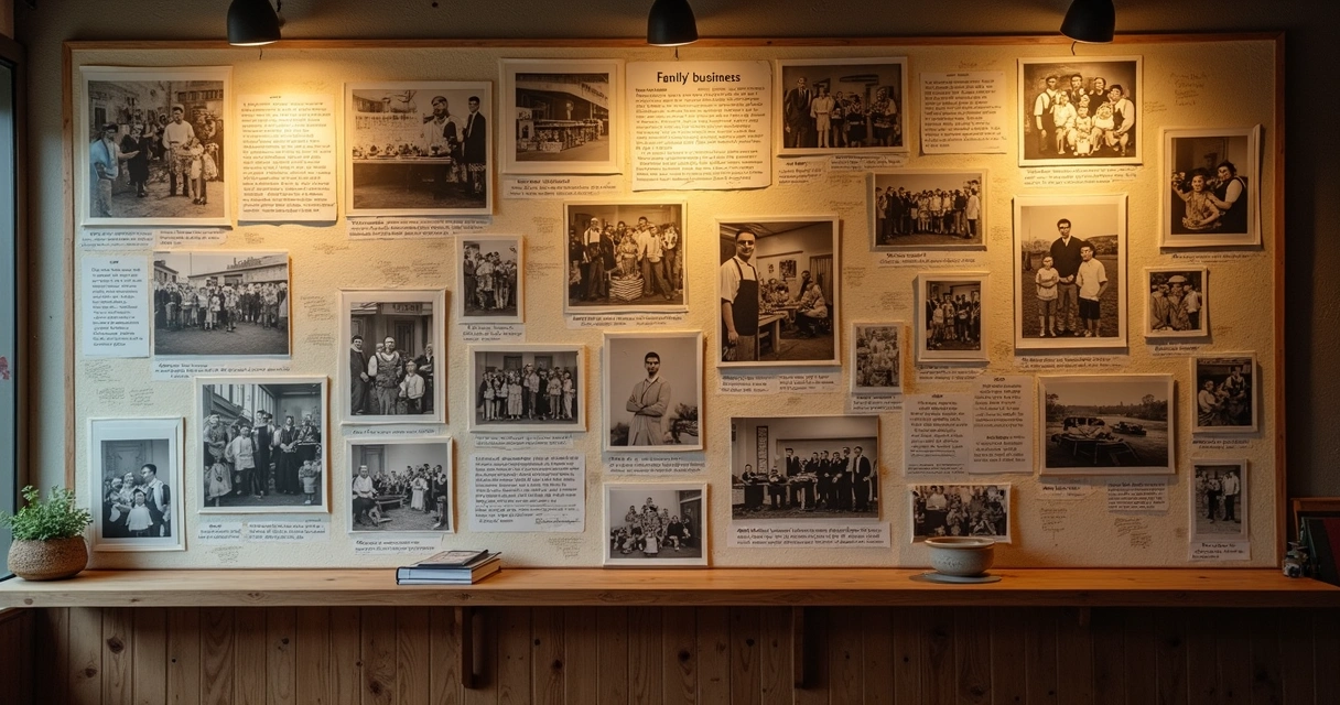 Mural com fotos antigas de empresa familiar 