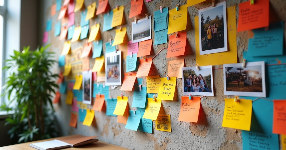 Mural colorido com post-its contando histórias de clientes 