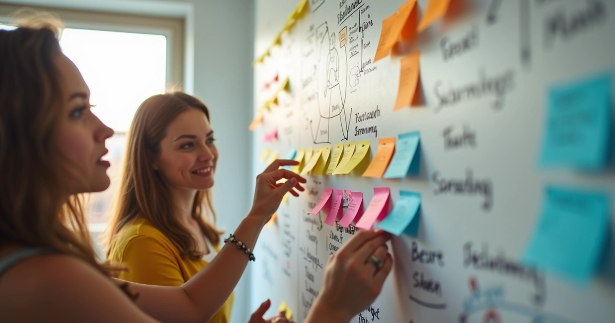Mural com post-its e mãos organizando ideias