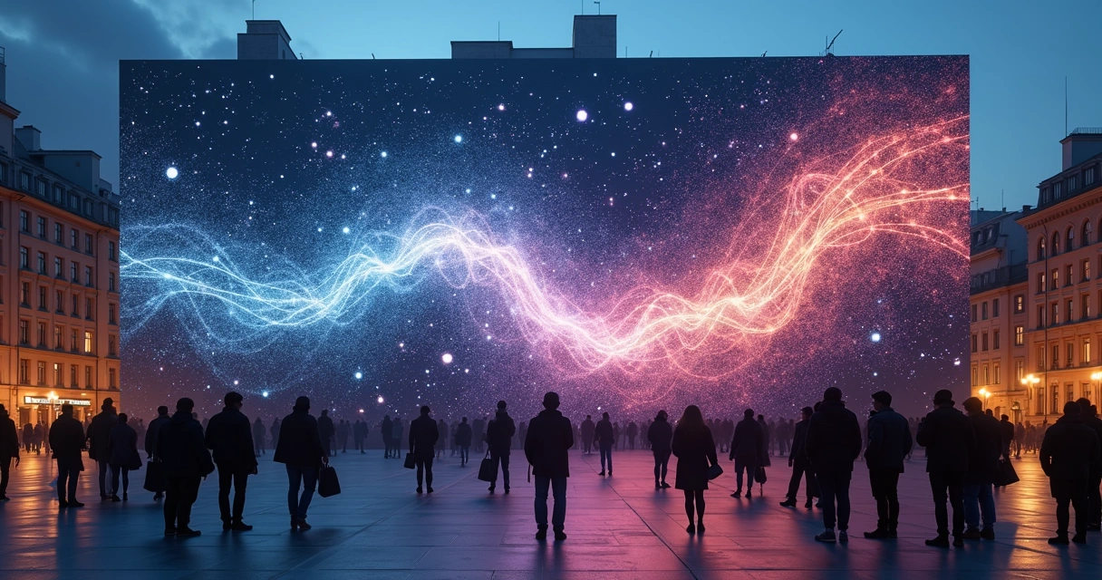 Cidade ao entardecer com mural luminoso representando o inconsciente coletivo conectado 
