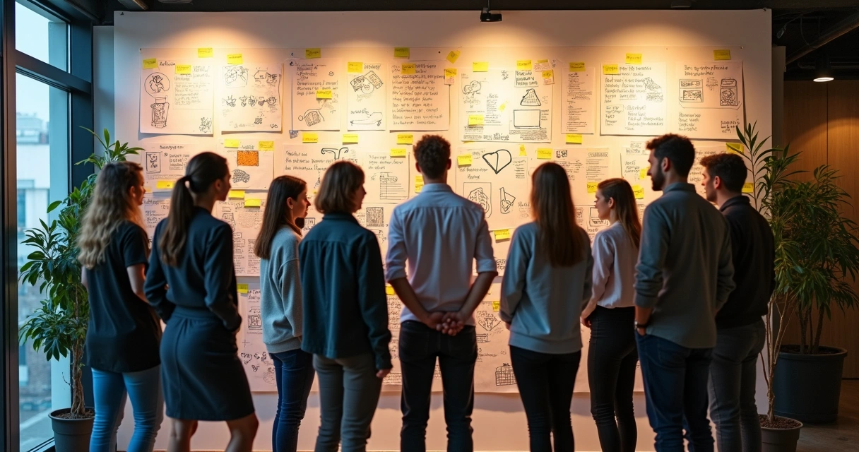 Equipe analisando mural com histórias e símbolos de empresa 