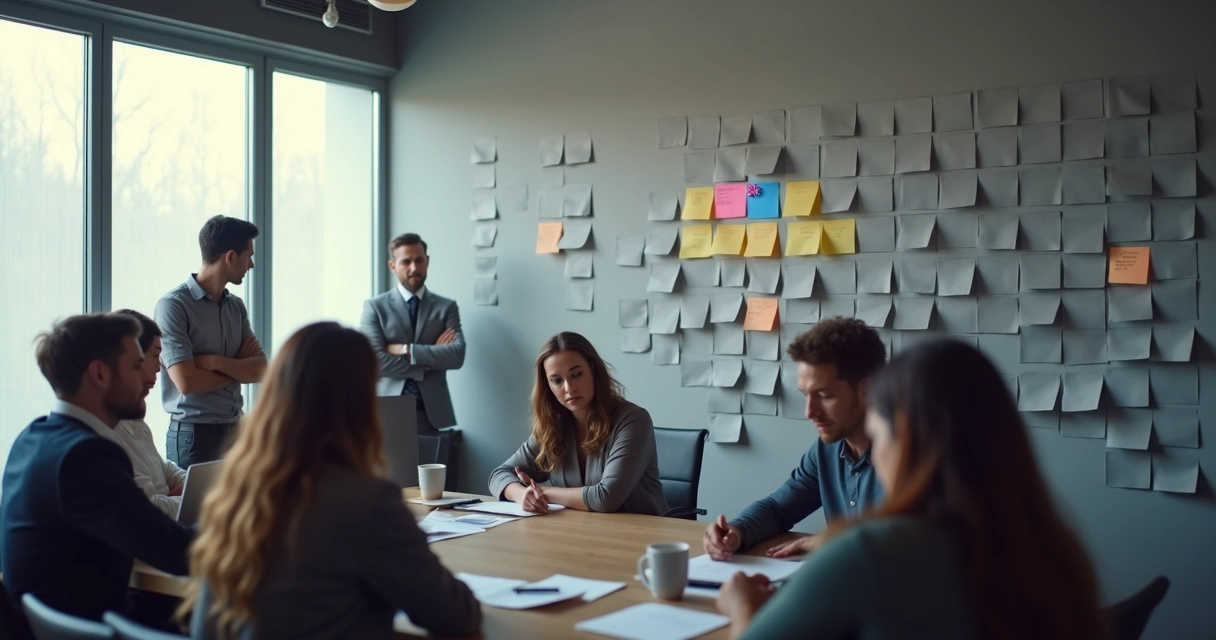Grupo de pessoas em escritório olhando para mural de recados onde apenas um post-it colorido se destaca entre muitos cinzas. 