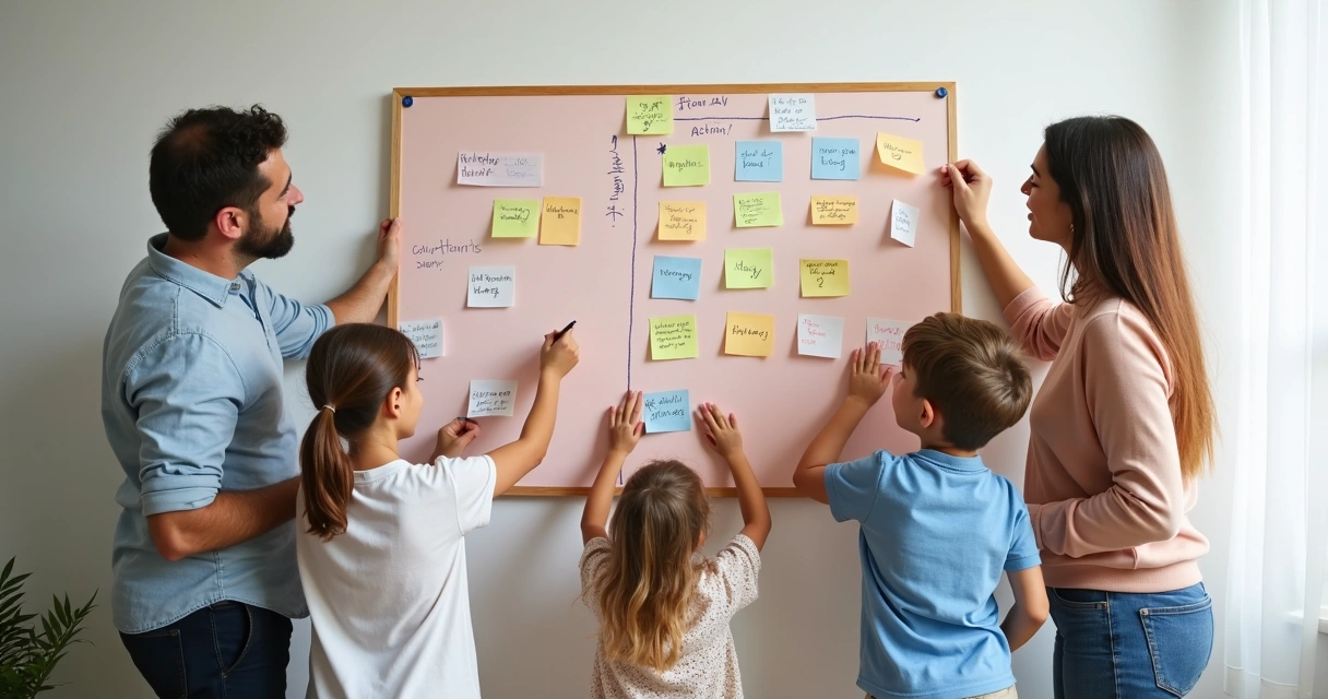 Pessoas de diferentes idades escrevendo papéis e colando em mural colorido 