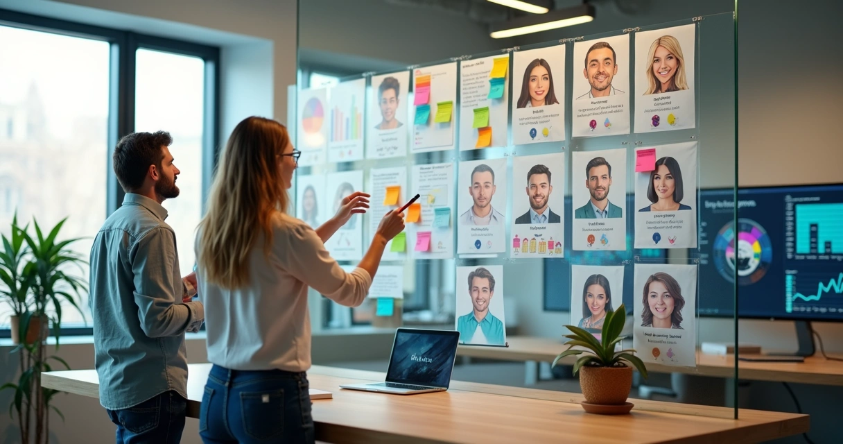 Profissionais de marketing analisando mural colorido com personas desenhadas em um escritório moderno 