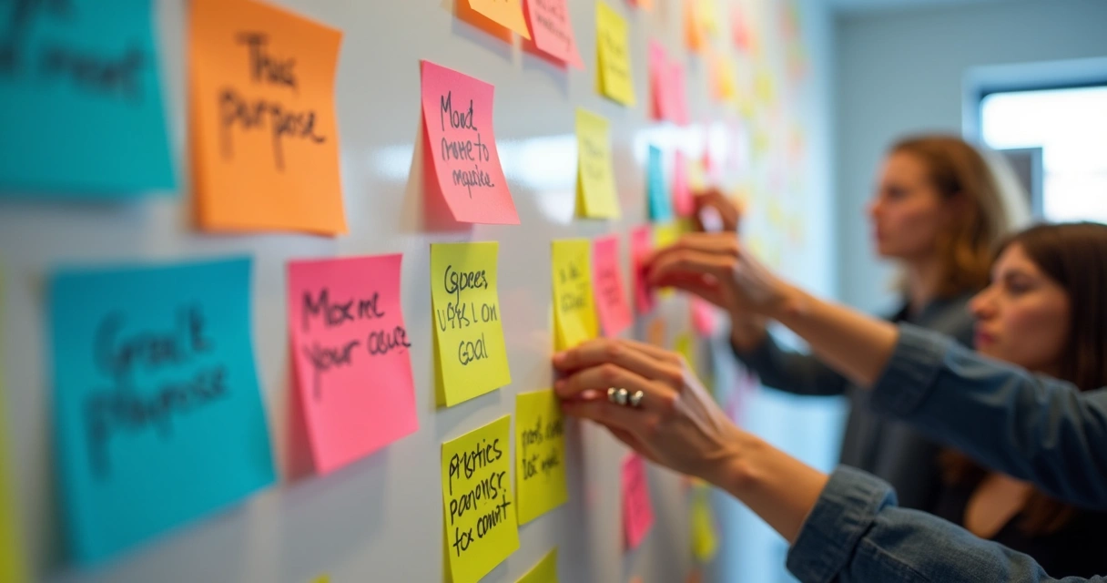 Painel colorido com post-its sobre propósito em equipe 