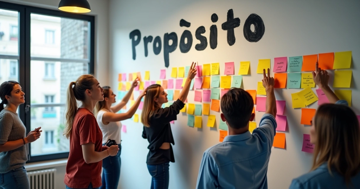 Equipe planejando mural de propósitos em escritório 