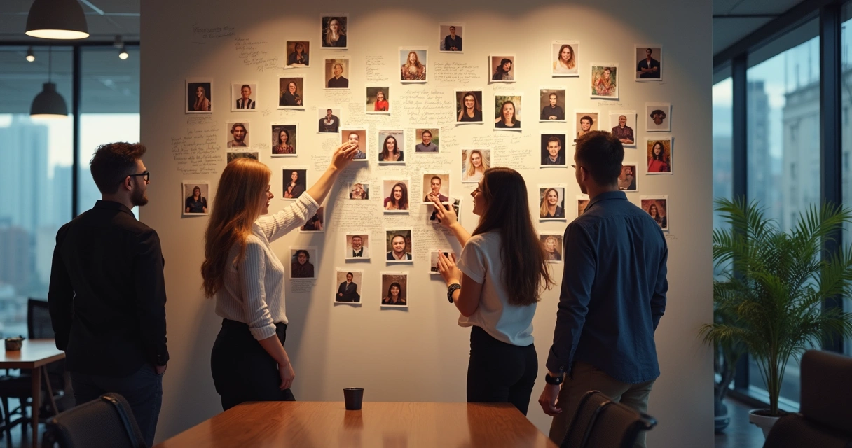 Mural de reconhecimento a talentos com fotos e anotações de equipe em escritório moderno