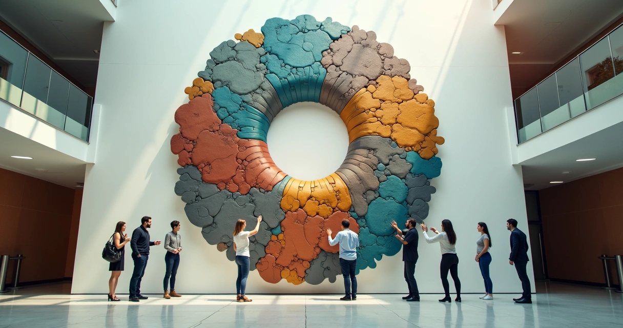 Profissionais completando grande mural com peças coloridas de responsabilidade compartilhada 