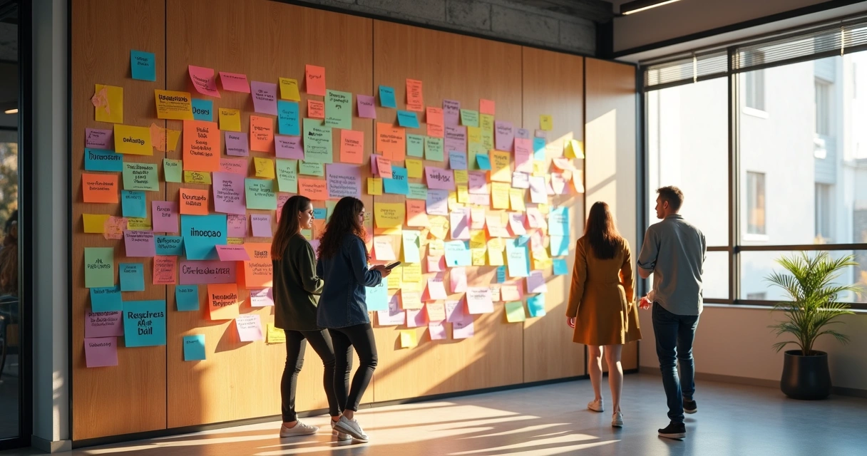 Mural colorido com valores escritos em cartões dentro de empresa 