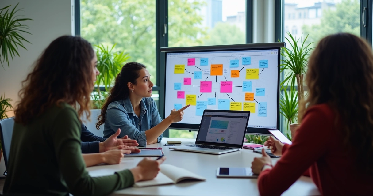Participantes colaborando em um mural digital de brainstorming 