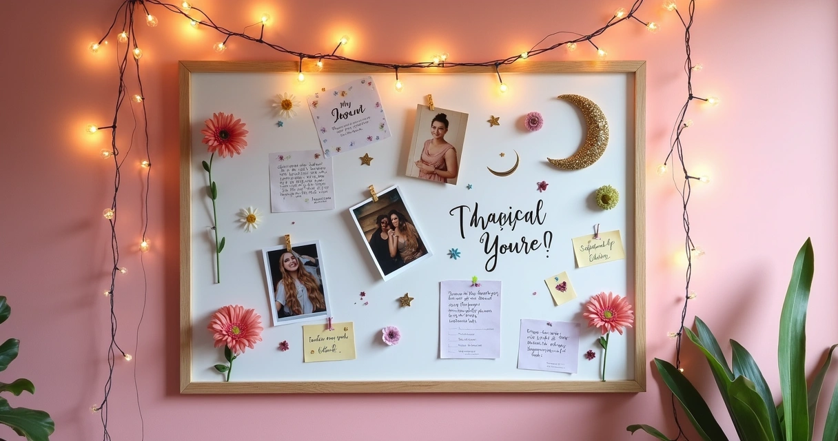 Mural de visualização com fotos, frases positivas, símbolos místicos colados. 