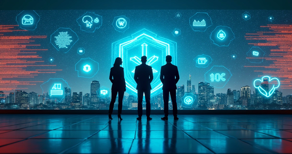 Executivos diante de muralha digital com ataques externos visíveis ao fundo 