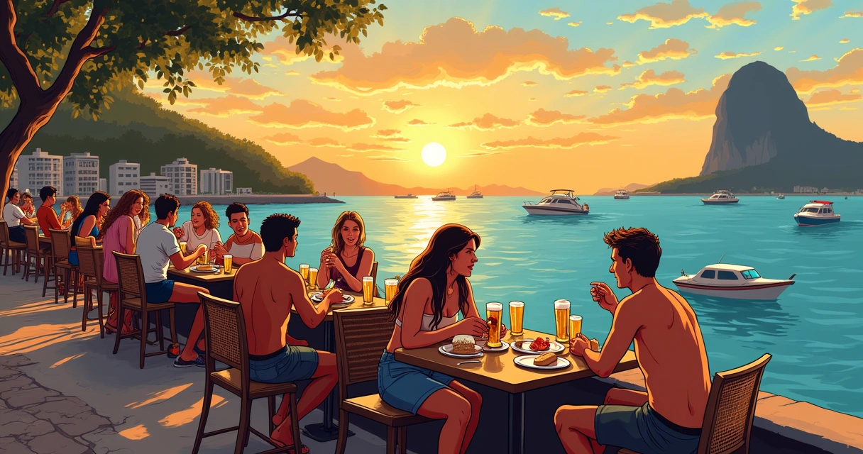 Pessoas sentadas na mureta do Bar Urca com petiscos e vista para o mar 