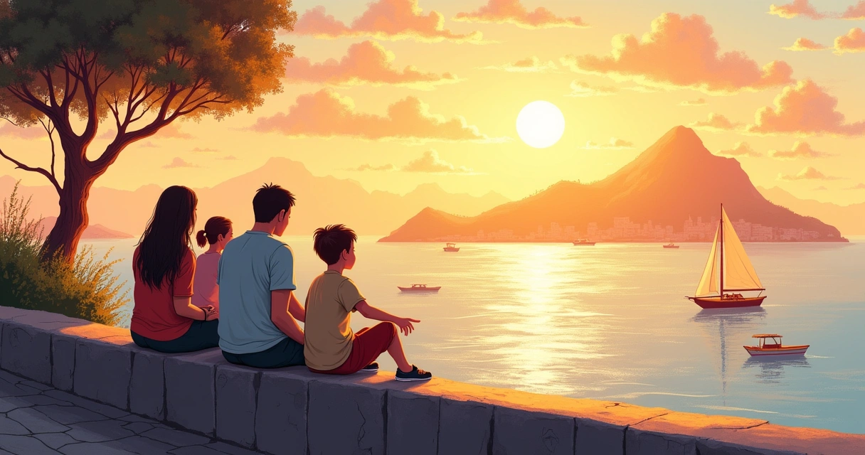 Família sentada na Mureta da Urca ao pôr do sol 