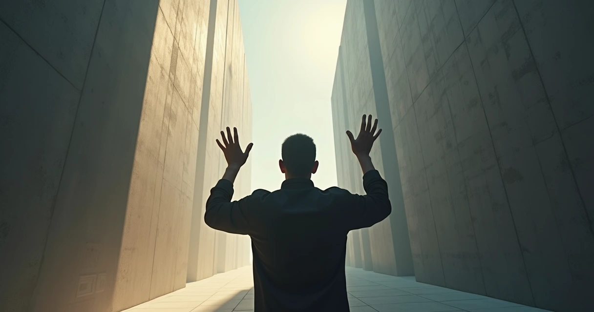 Pessoa de costas diante de um muro alto 