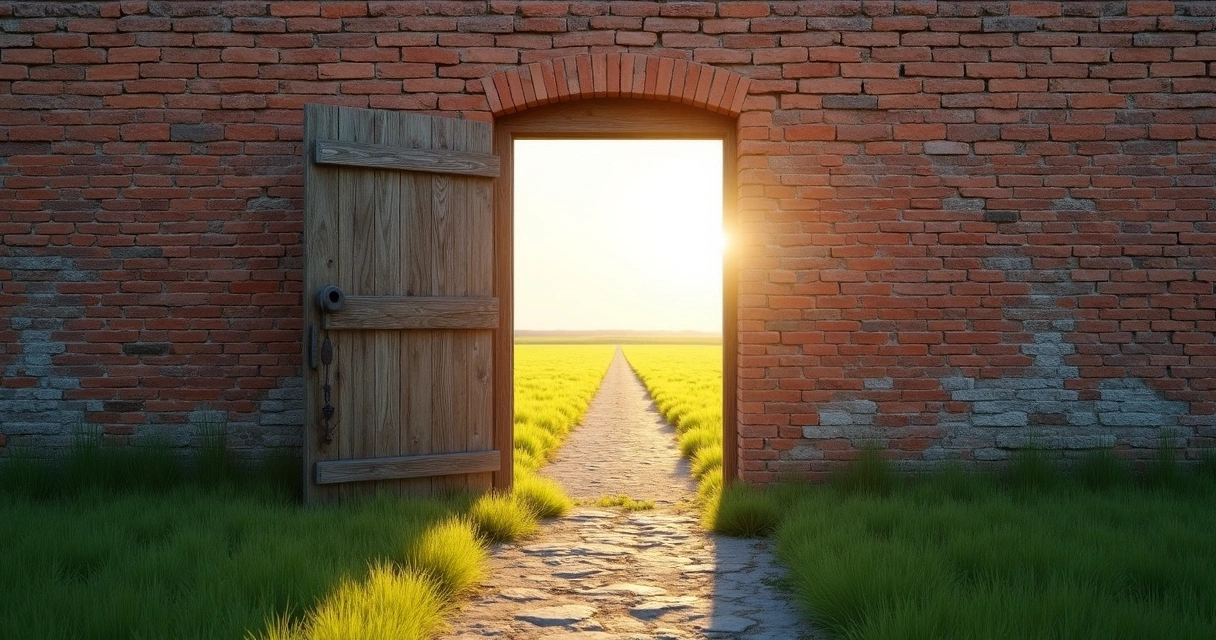Muro de tijolos com uma porta aberta mostrando um caminho de luz 