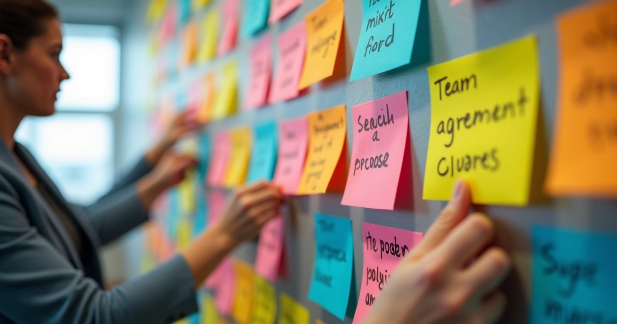 Mural com post-its coloridos exibindo acordos e valores da equipe 