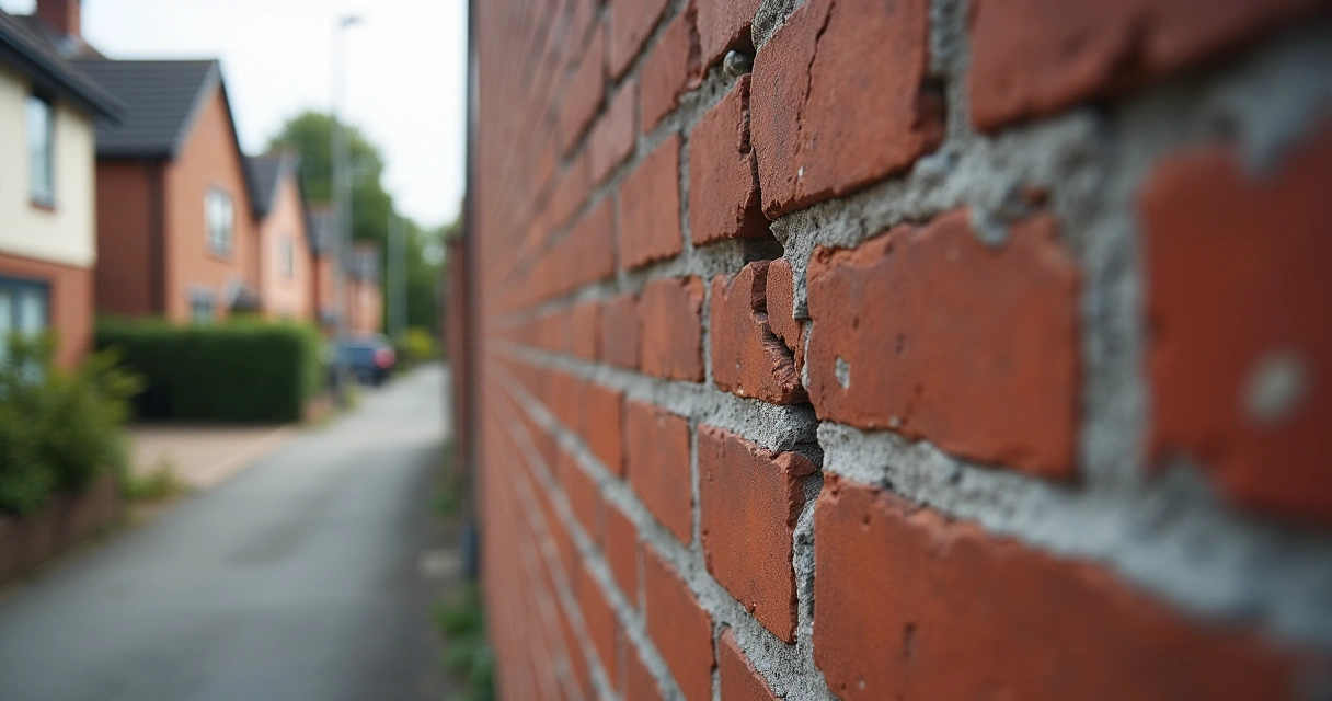 Muro de divisa com rachadura visível e casas ao fundo 