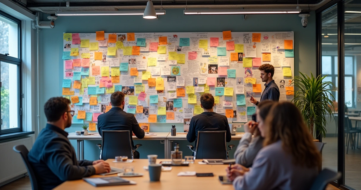 Muro de historias y aprendizajes en una oficina moderna
