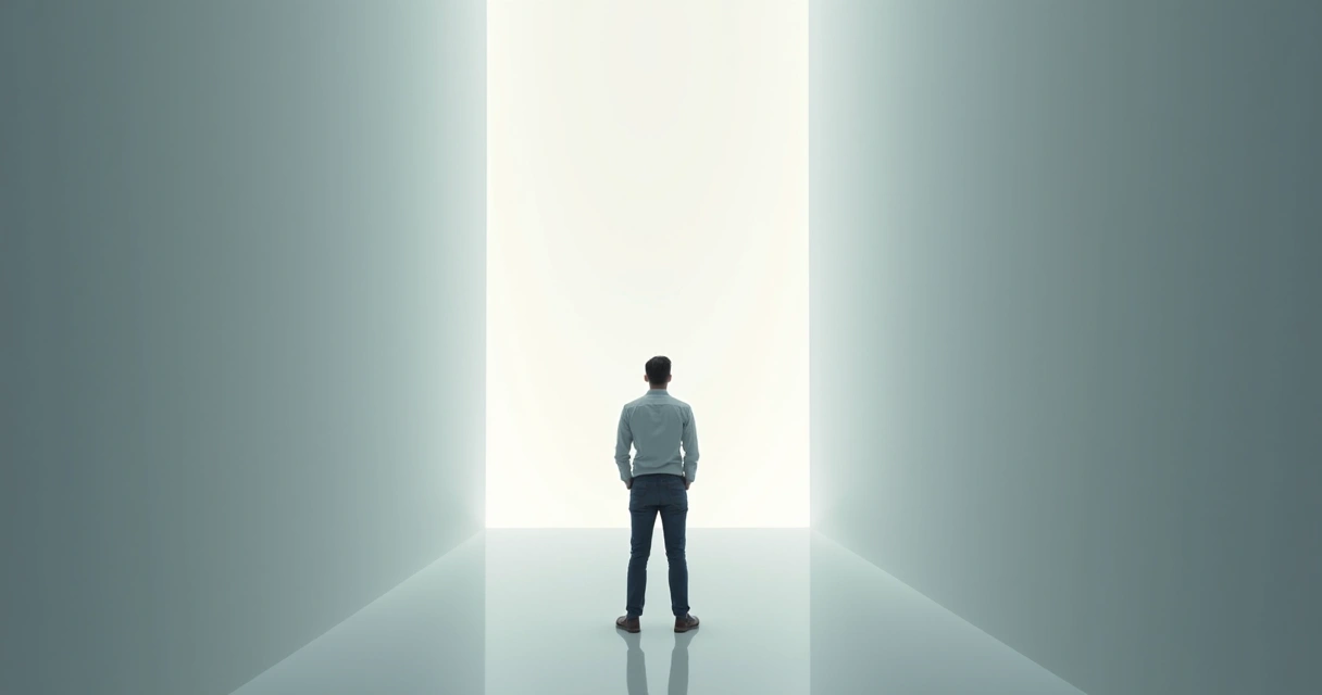 Homem parado diante de paredes invisíveis em um corredor iluminado, dando impressão de barreiras psicológicas 