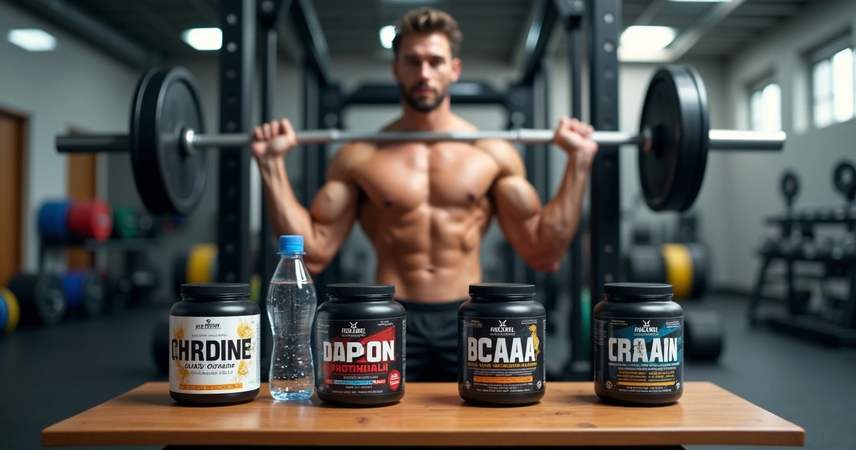 Homem praticando musculação com suplementos ao fundo 