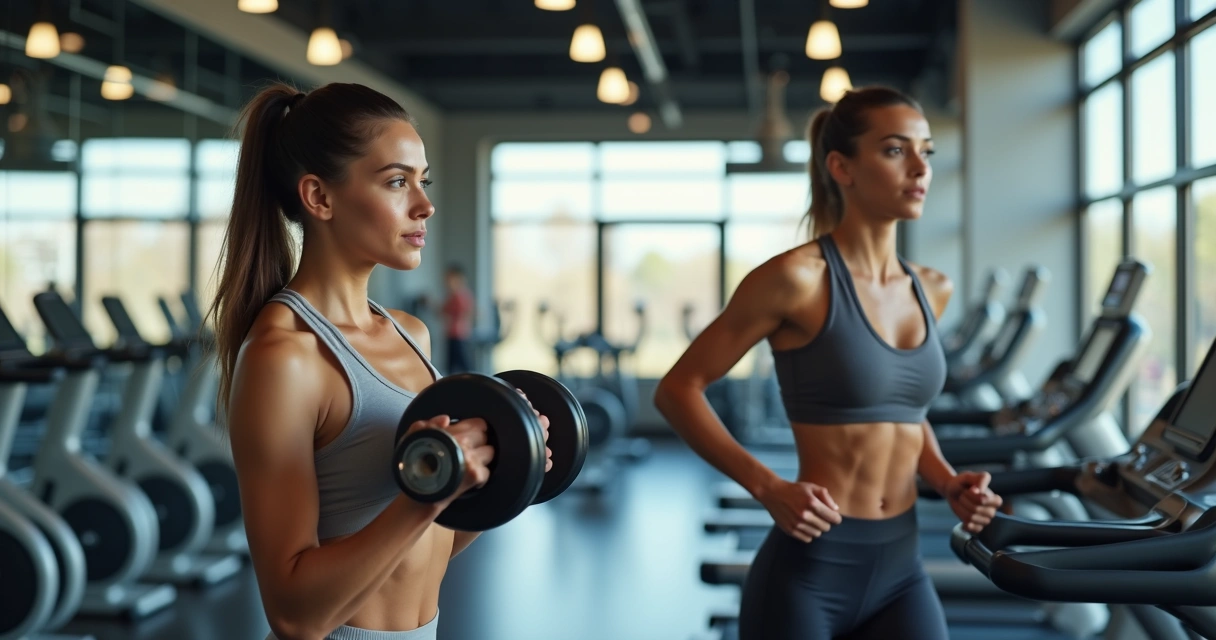 Mulher treinando musculação com halteres enquanto outra mulher faz corrida em esteira em academia moderna 