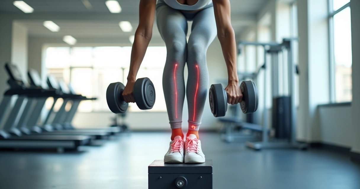 Mulher em academia fazendo exercício de panturrilha para circulação das pernas 