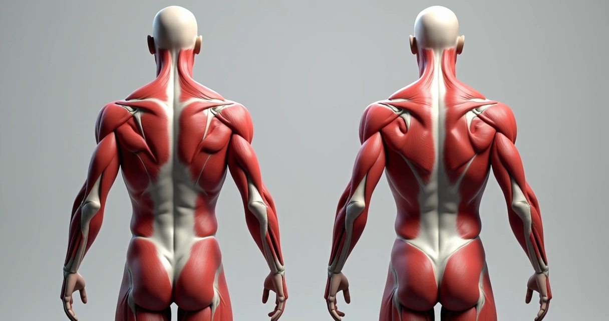 Visão das principais musculaturas das costas em modelo 3D 