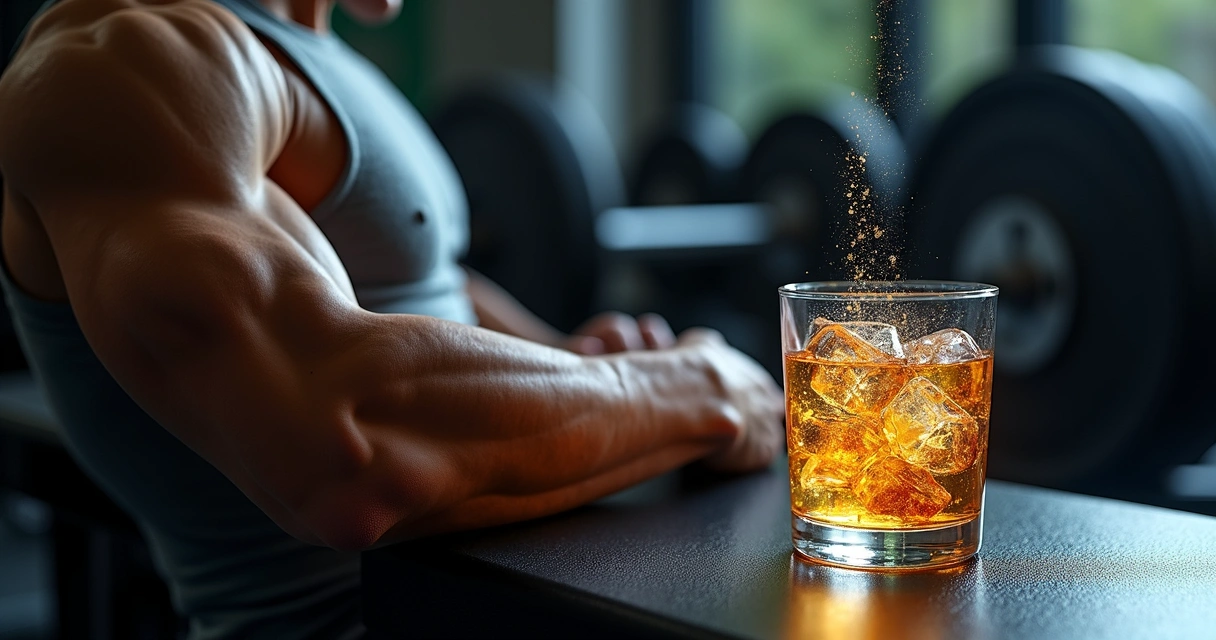 Braço musculoso sendo drenado por copo de bebida alcoólica 