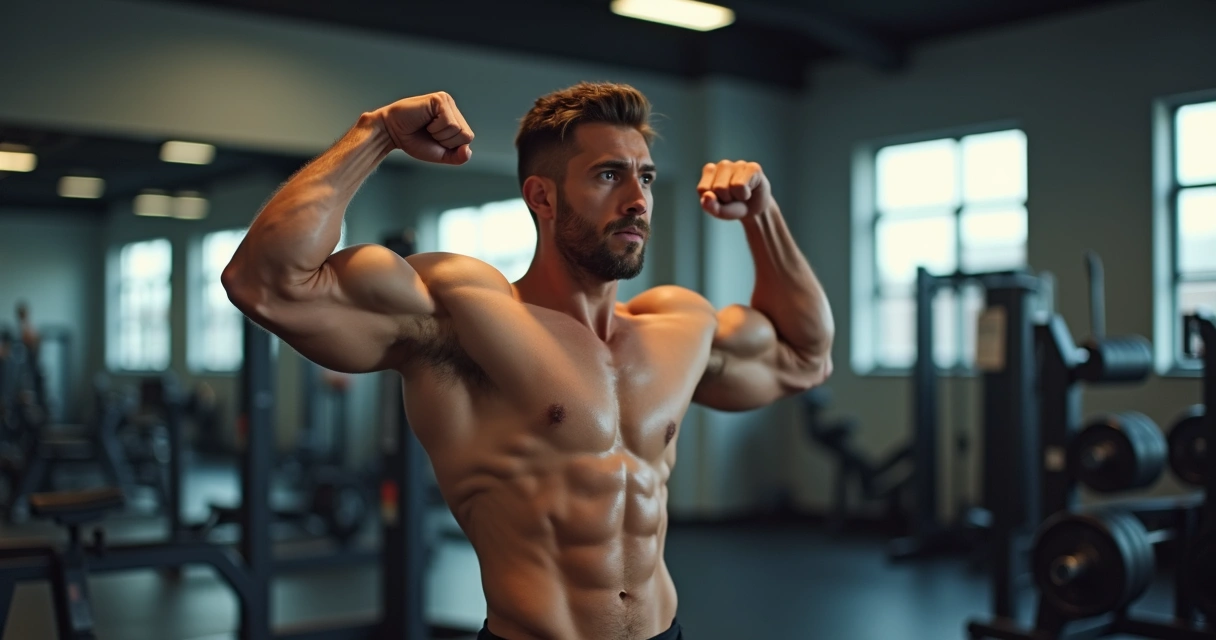 Homem treinando com pesos na academia, foco no músculo trabalhando 