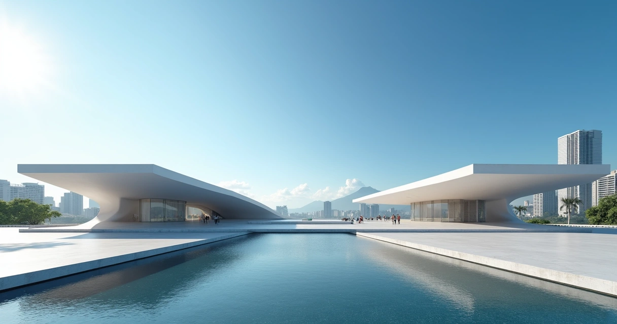 Fachada branca e futurista do museu integrando-se ao espelho d’água, Baía de Guanabara e céu azul