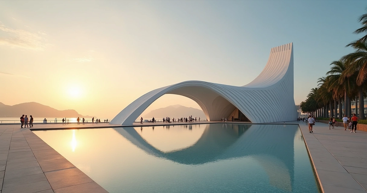 Fachada do Museu do Amanhã na Praça Mauá ao pôr do sol com vista para a Baía de Guanabara 