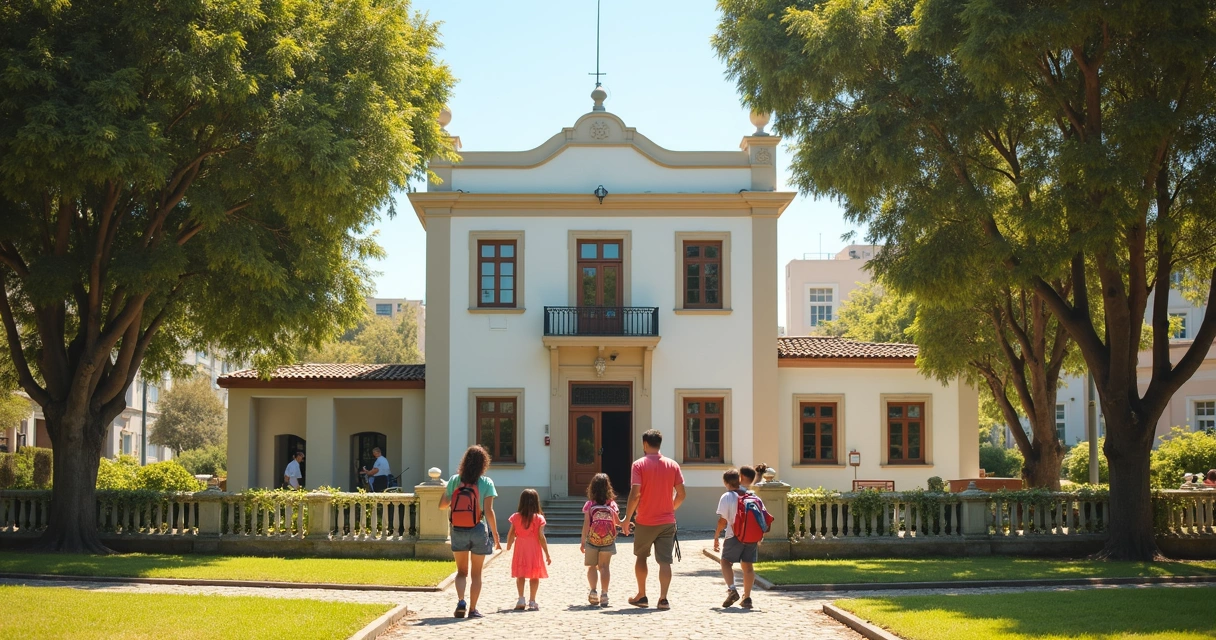 Família com crianças chegando à fachada art déco do Museu Pedro Ludovico em Goiânia 