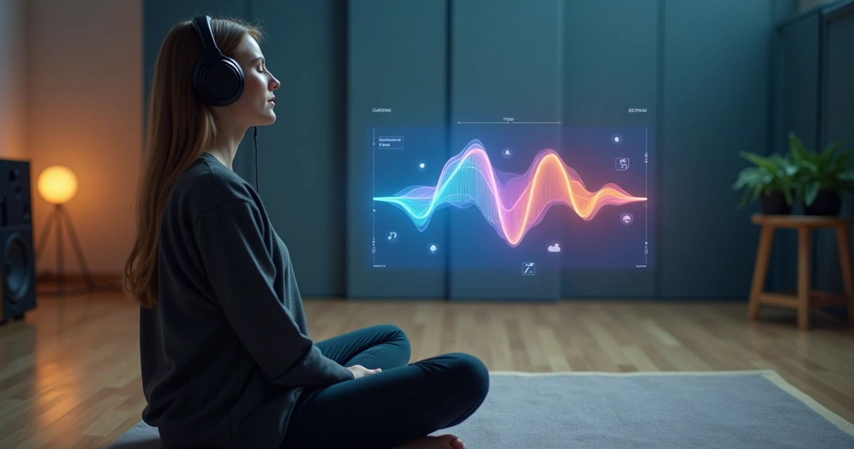 Person listening to headphones with colored sound waves synced to breathing pattern 