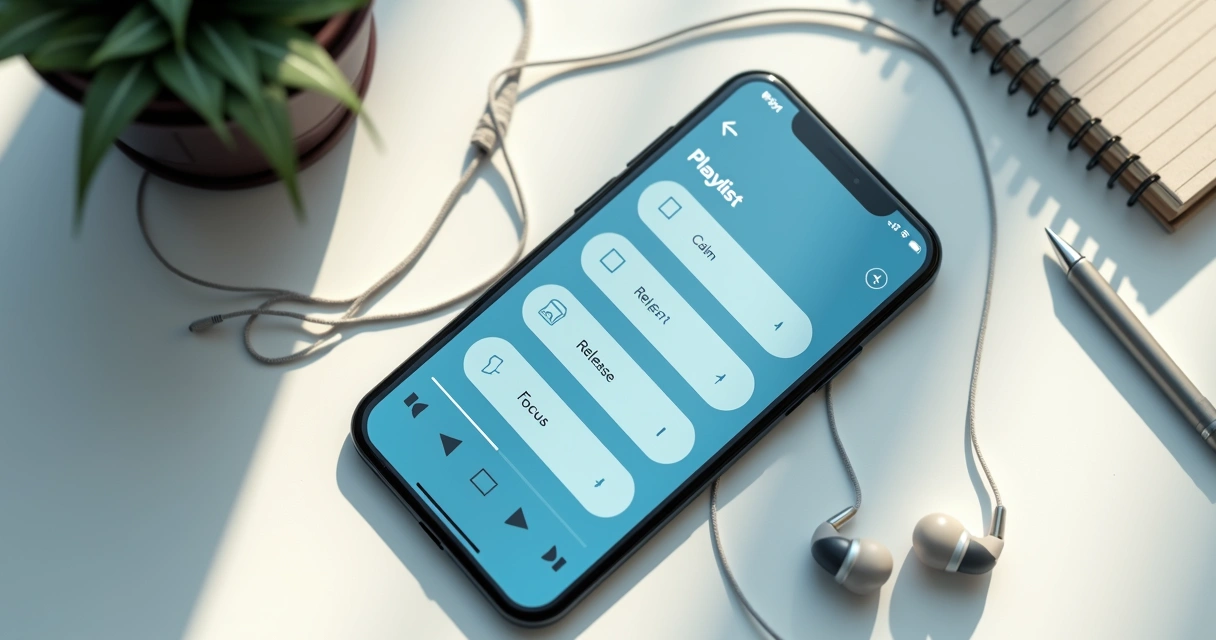 Phone playlist with mood labels beside a calm desk setup 