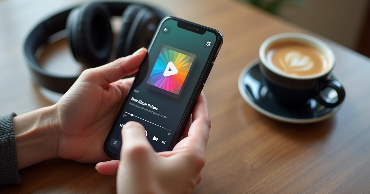 Pessoa segurando um smartphone com um aplicativo de música mostrando a notificação de um novo lançamento