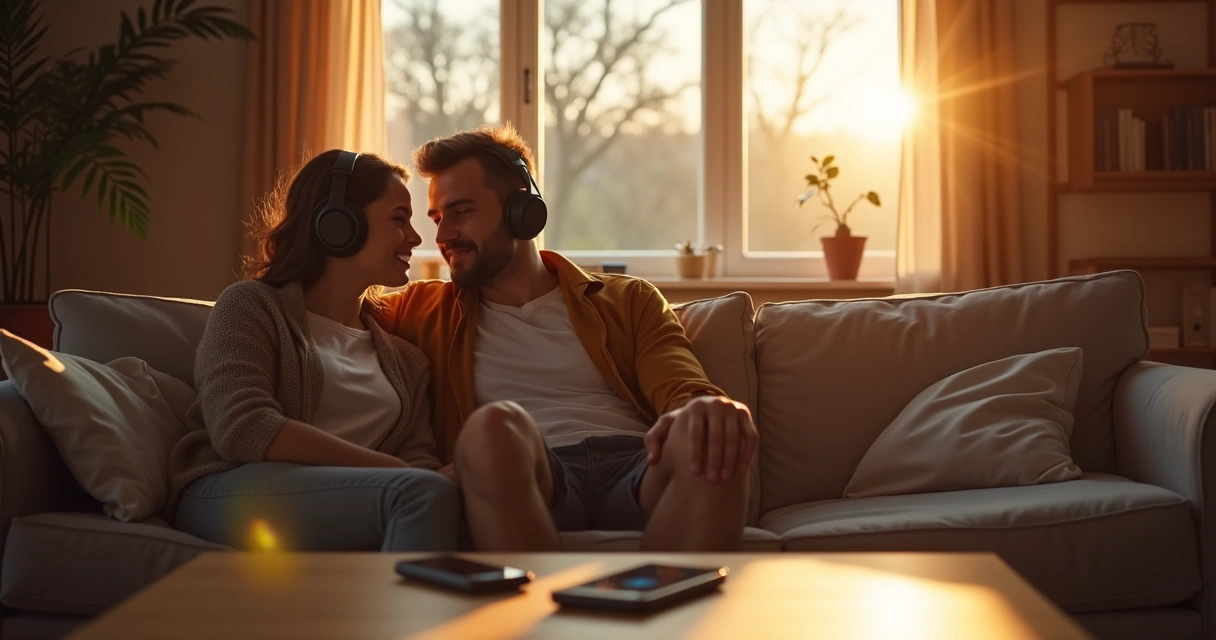 Casal ouvindo música juntos sentados no sofá.