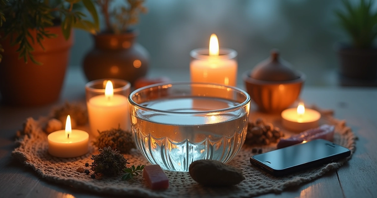 Velas acesas, cristais e taça de água ao lado de um smartphone tocando playlist spiritual 