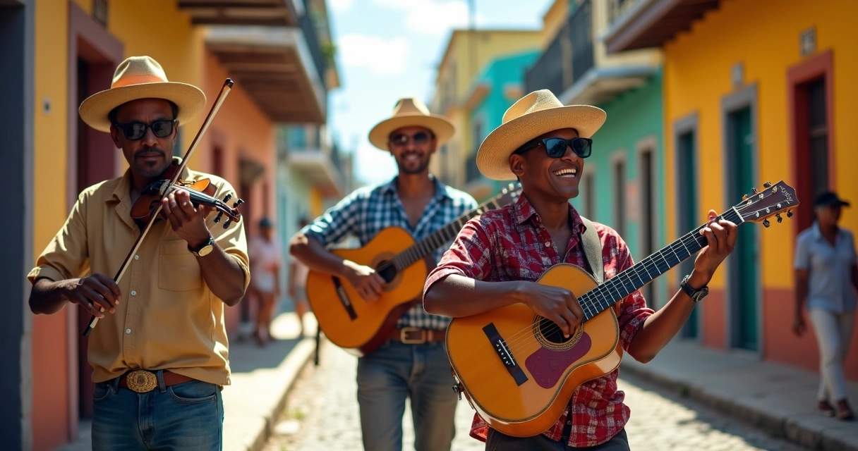 Músicos de rua tocando instrumentos tradicionais brasileiros