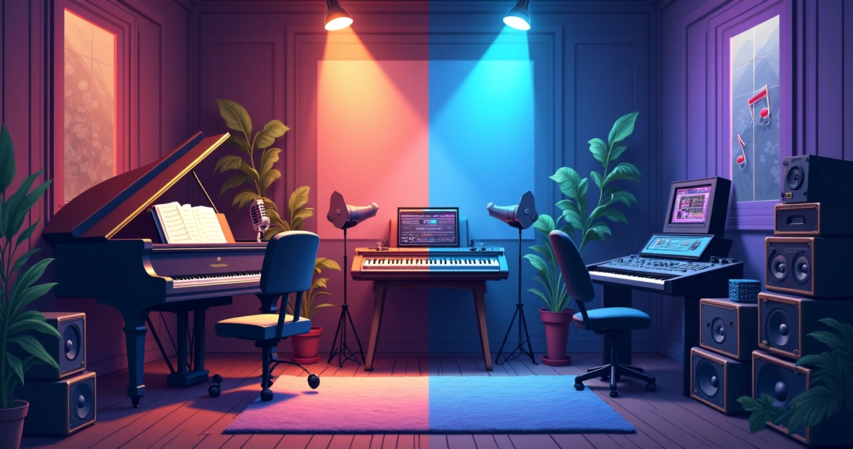 Trecho de uma partitura clássica sobreposta a instrumentos modernos