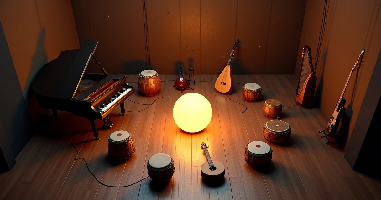 Instrumentos de diferentes culturas formando círculo iluminado em sala escura 