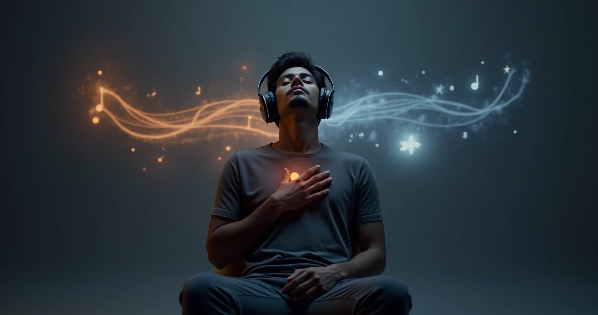 Pessoa com fones cercada por ondas musicais coloridas conectadas a formas de emoções 