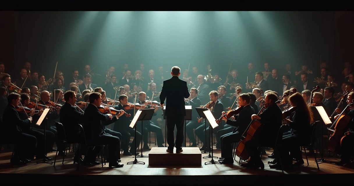 Director de orquesta frente a gran orquesta tocando música cinematográfica