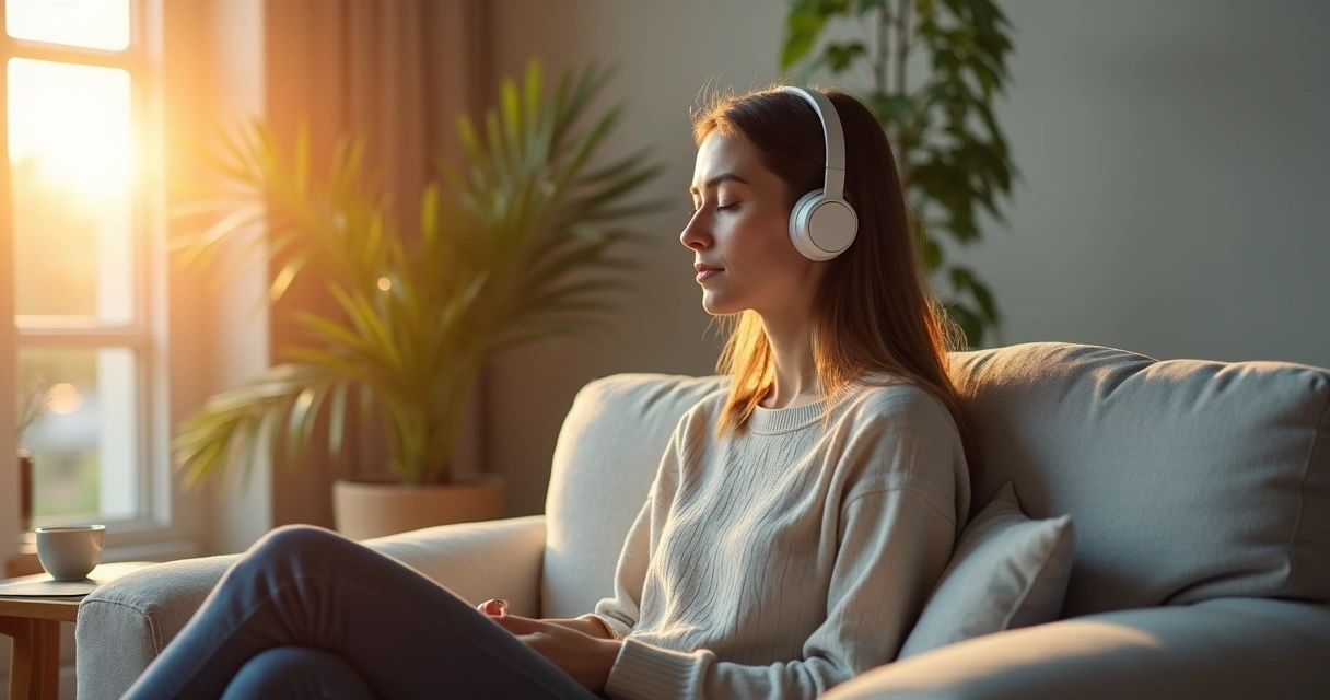 Pessoa ouvindo música com fones em ambiente calmo e equilibrado 