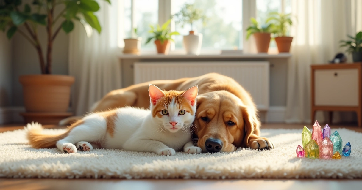 Gato e cachorro relaxando ao som de música em ambiente sereno 